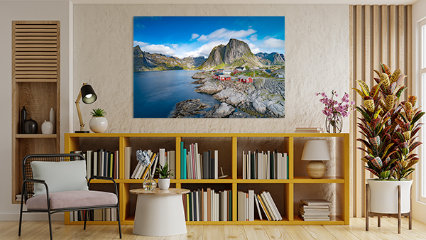 Aludibondbild von Hamnoy, Lofoten an der Wand im Wohnzimmer